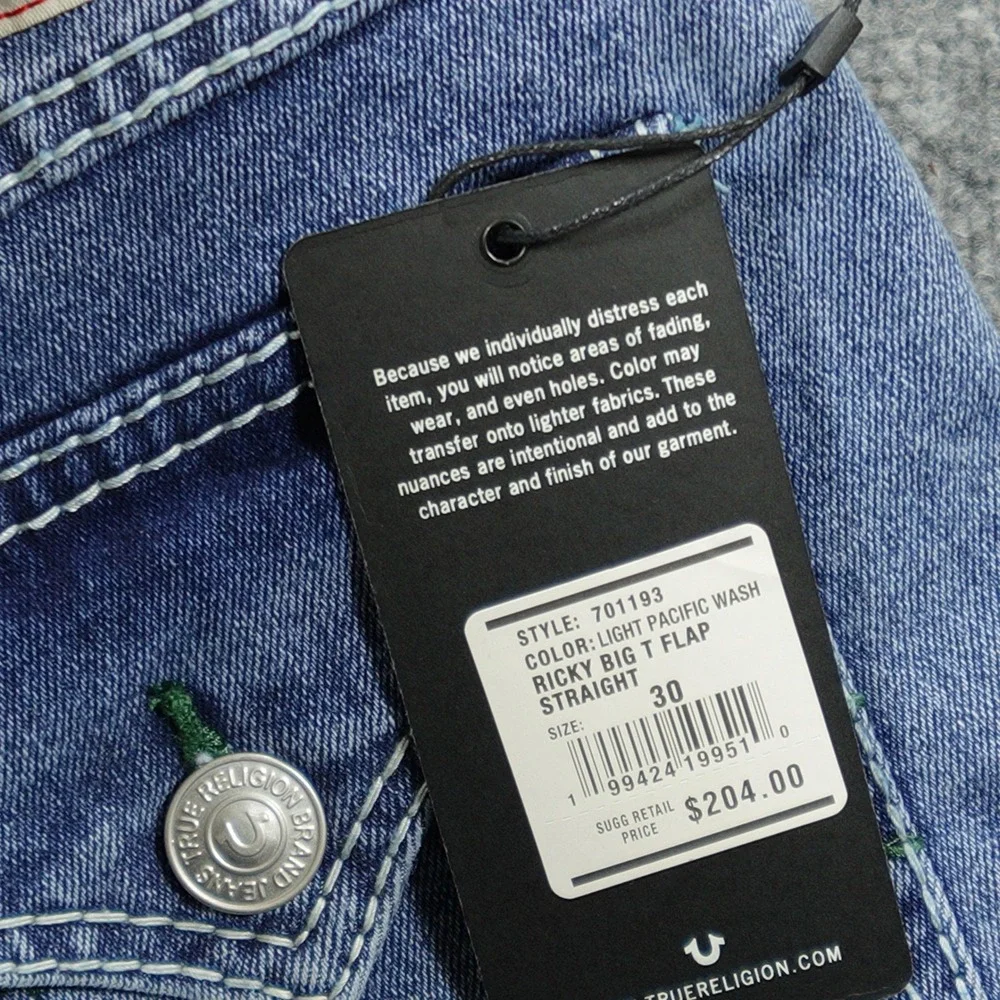 True Religion Jeans Men 30x34 Blue Ricky Relaxed Big T Flap Pocket Straight